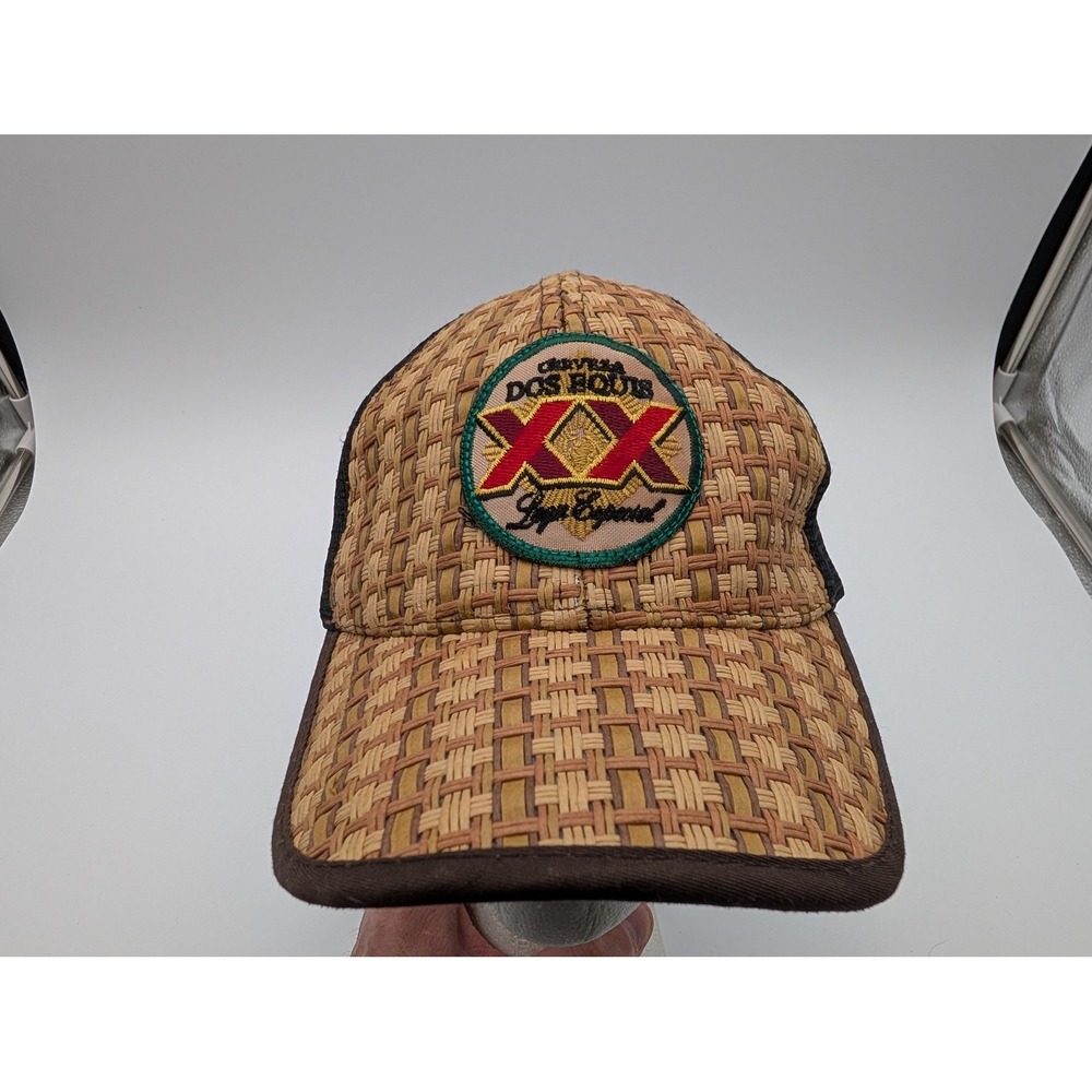 Dos Equis Lager Especial Beer Trucker Hat Woven Straw Mesh Snapback Brown Black
